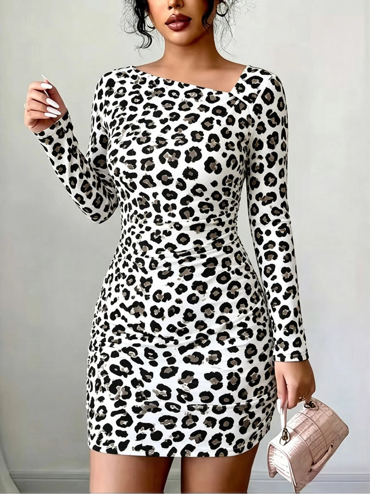 Women's Geometric Polka Dot Long Sleeve Slanted Collar BodyCon Dress