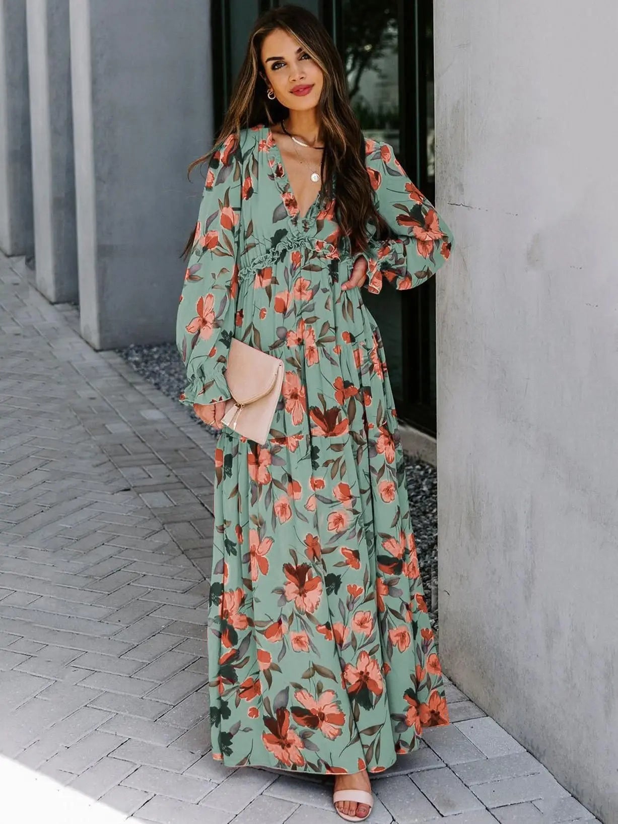 Elegant Floral Print Ruffle Layered Long Sleeved Chiffon A Line Long Maxi Dress