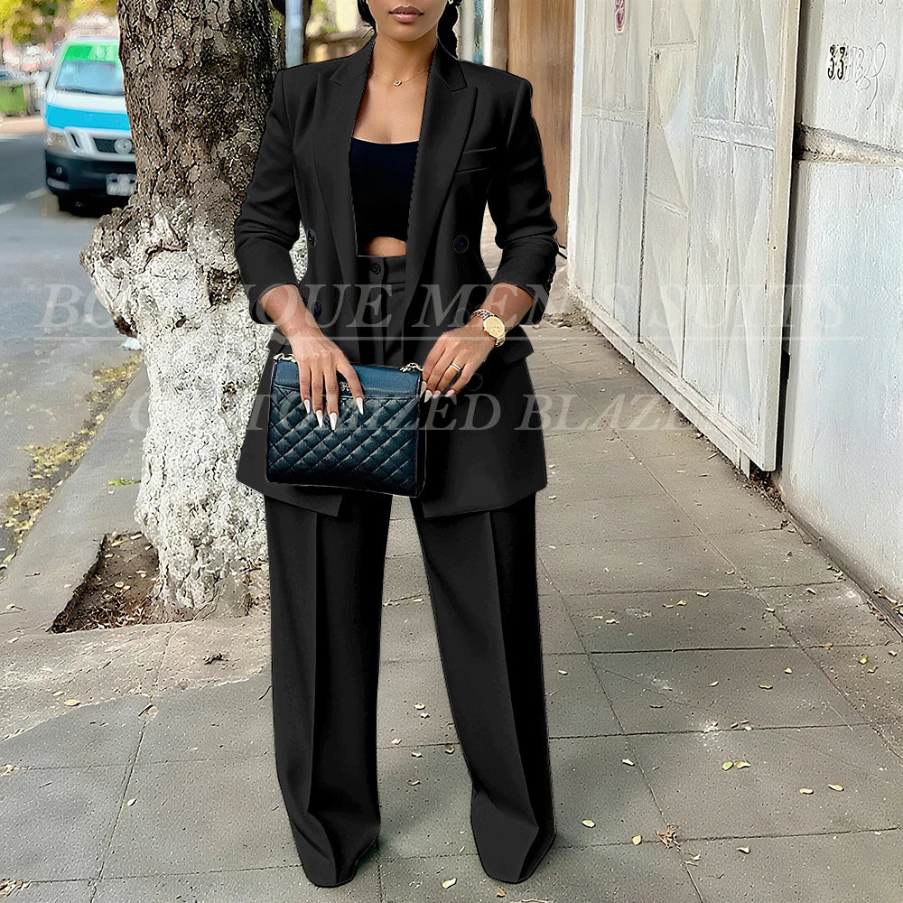 Elegant Women's Double Breasted Peak Lapel Blazer and Pleated Trouser Pants 2pc Suit