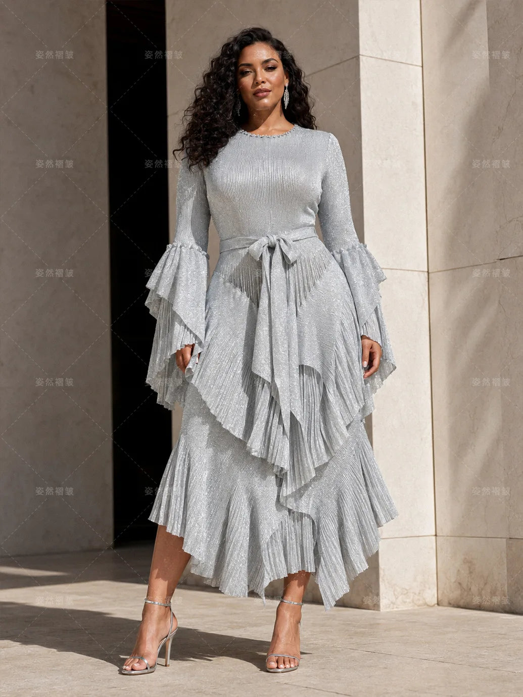 Women Layered Pleated Lace-up Waist-cinching Dress