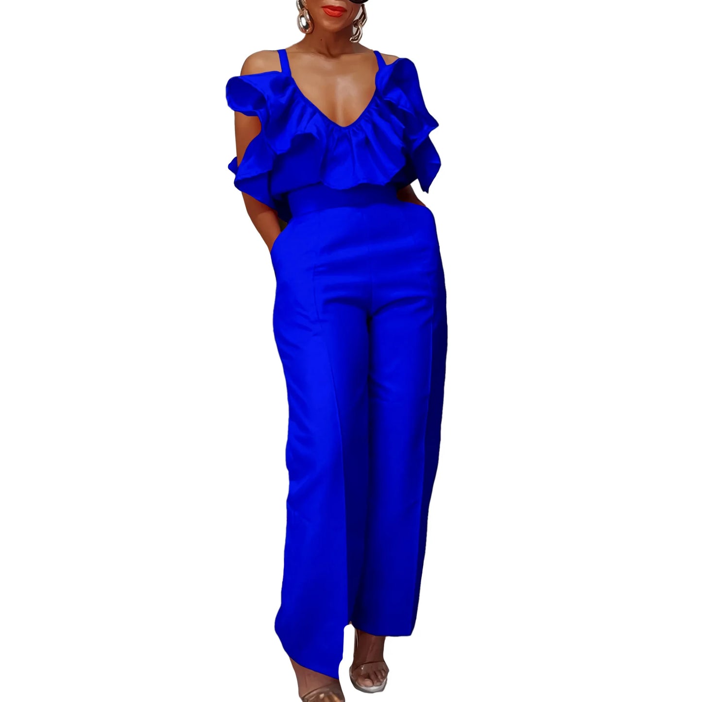 Designer Deep V Neck Ruffles High Waist Pants Jumpsuit