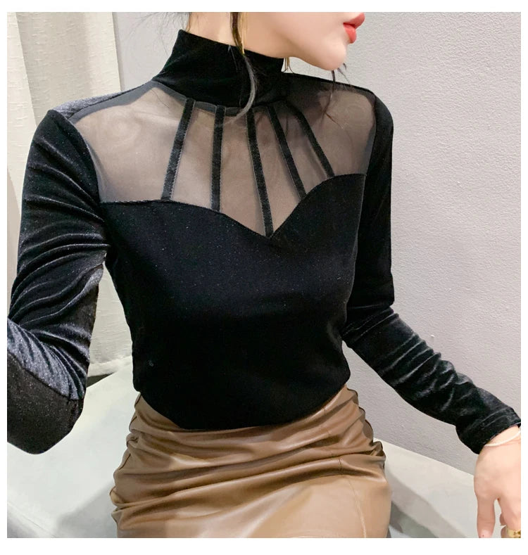 Velvet Mesh Slim T Designer Long Sleeve Turtleneck