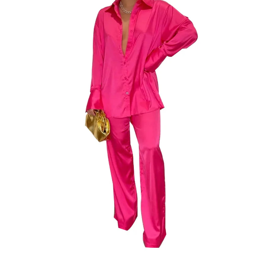 Elegant Satin Women's Long Sleeve Tracksuit And Wide Leg Pants