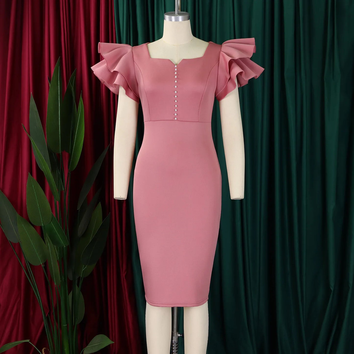 Designer Nail-Beaded Lotus Sleeve A-Line Dress