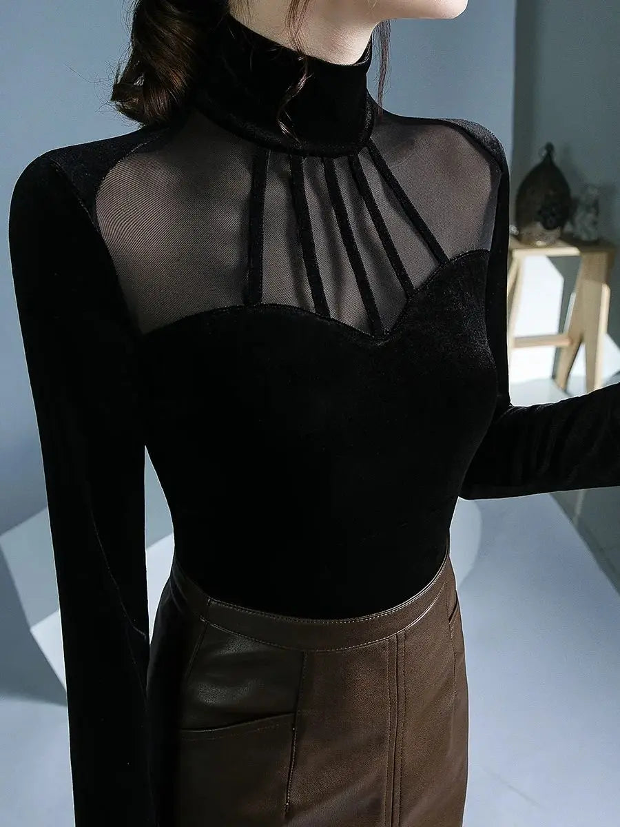 Velvet Mesh Slim T Designer Long Sleeve Turtleneck