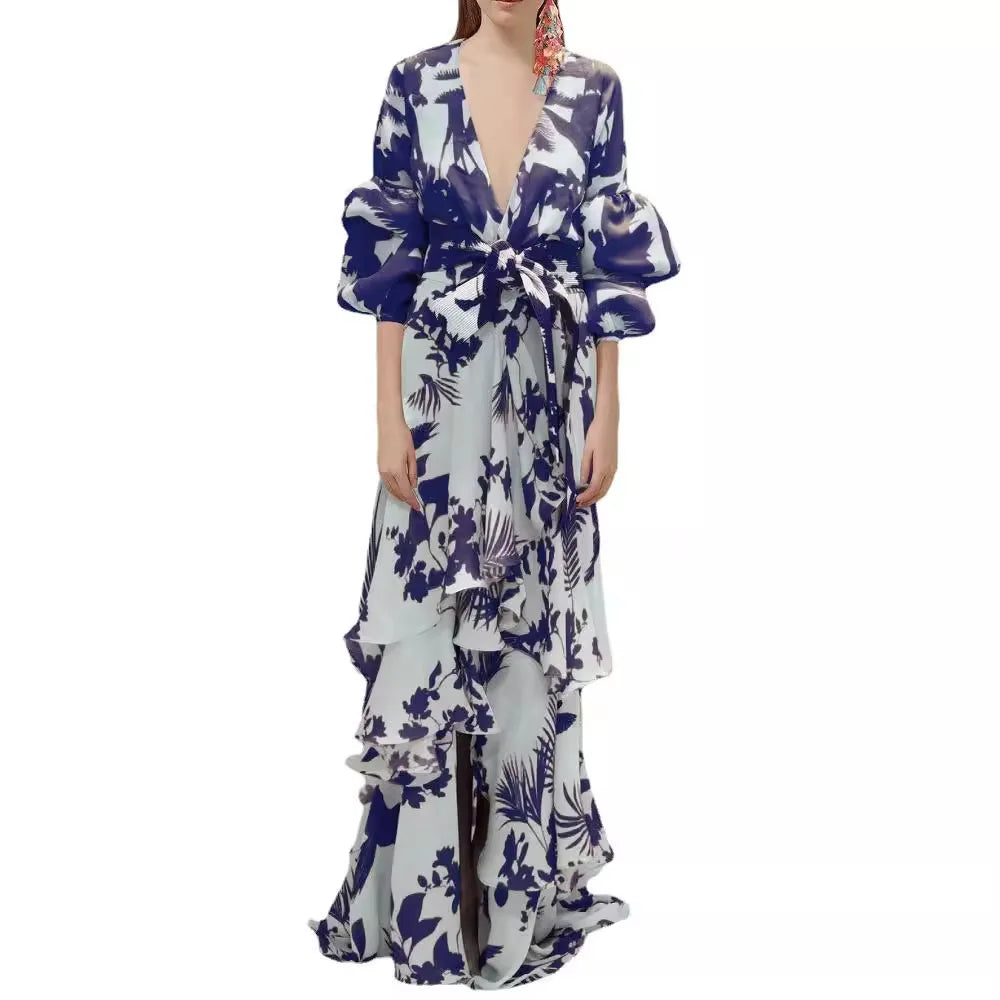 Summer Chiffon Floral Print V-Neck Beach Irregular Bohemian Dress