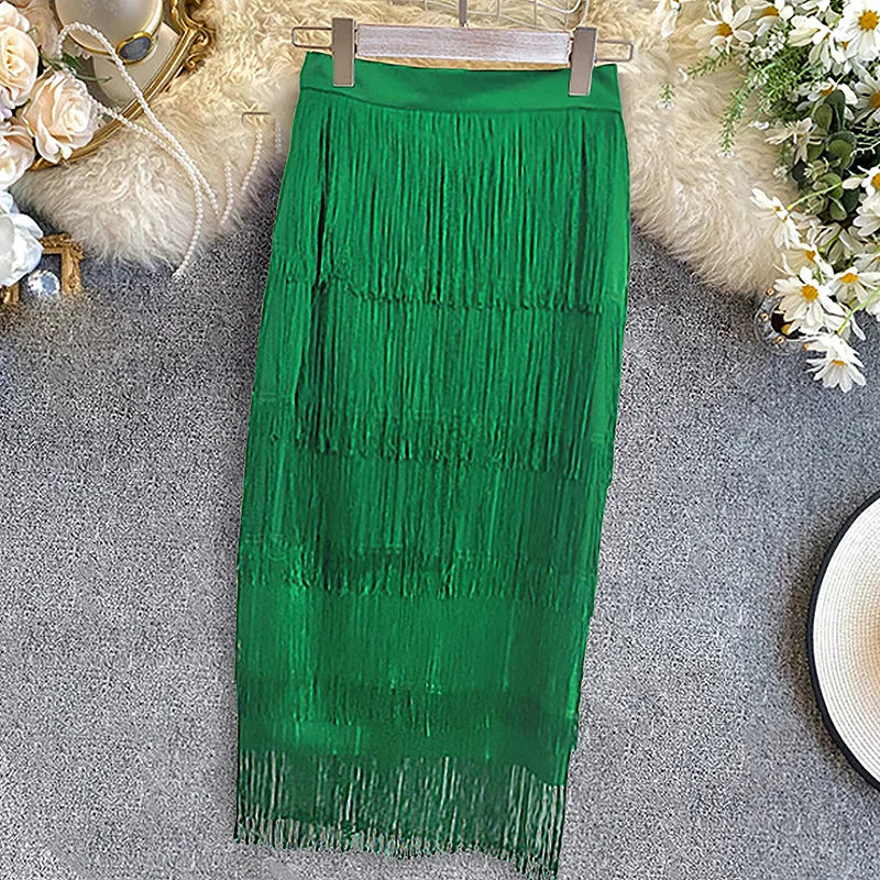 Women's Fringe Bodycon Tassel High Waist Stretch Midi Pencil Skirt