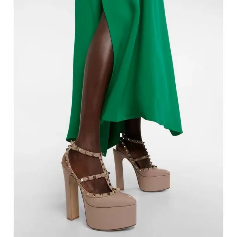 Women's Thick Soled Patent Leather Stage Runway High Heels with Rivets