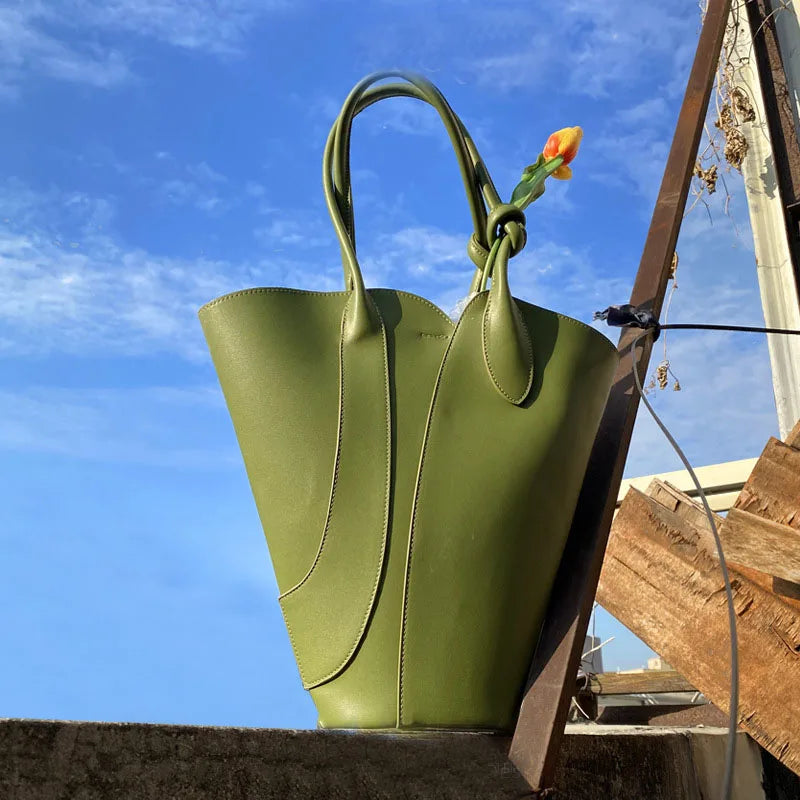 Green Designer Leather Tote Handbag
