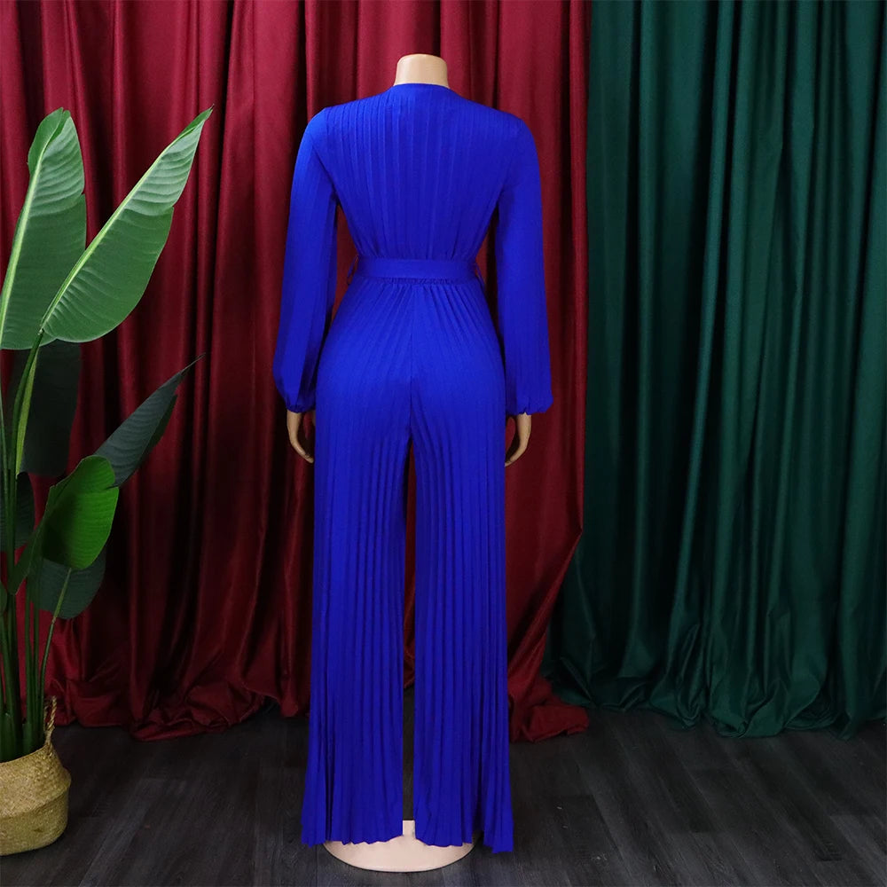 Elegant Pleated Full Sleeve V Neck High Waisted Jumpsuit