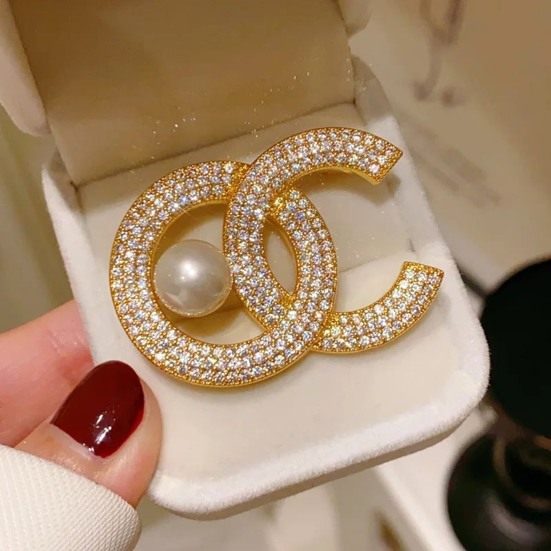 Rhinestone Letter C Pearl Brooch