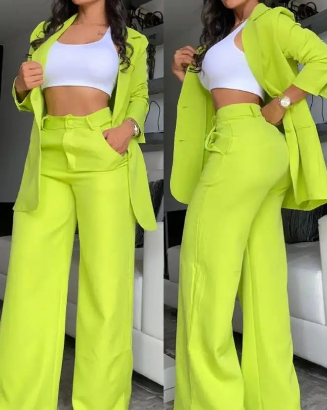 Designer Solid Color Button Blazer & Straight Leg Pant 2pc Set