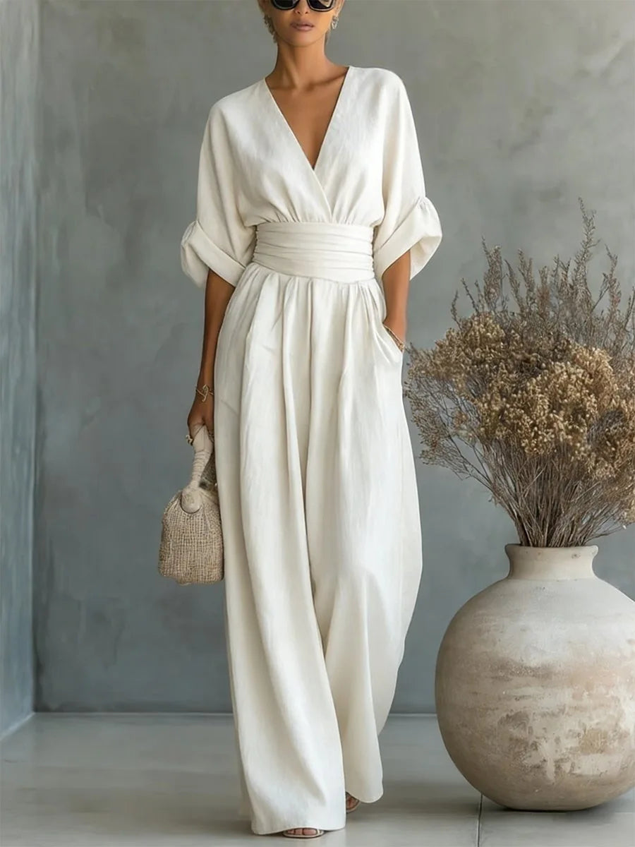 Women's High Waist V-neck Solid Color Wide Leg Jumpsuit