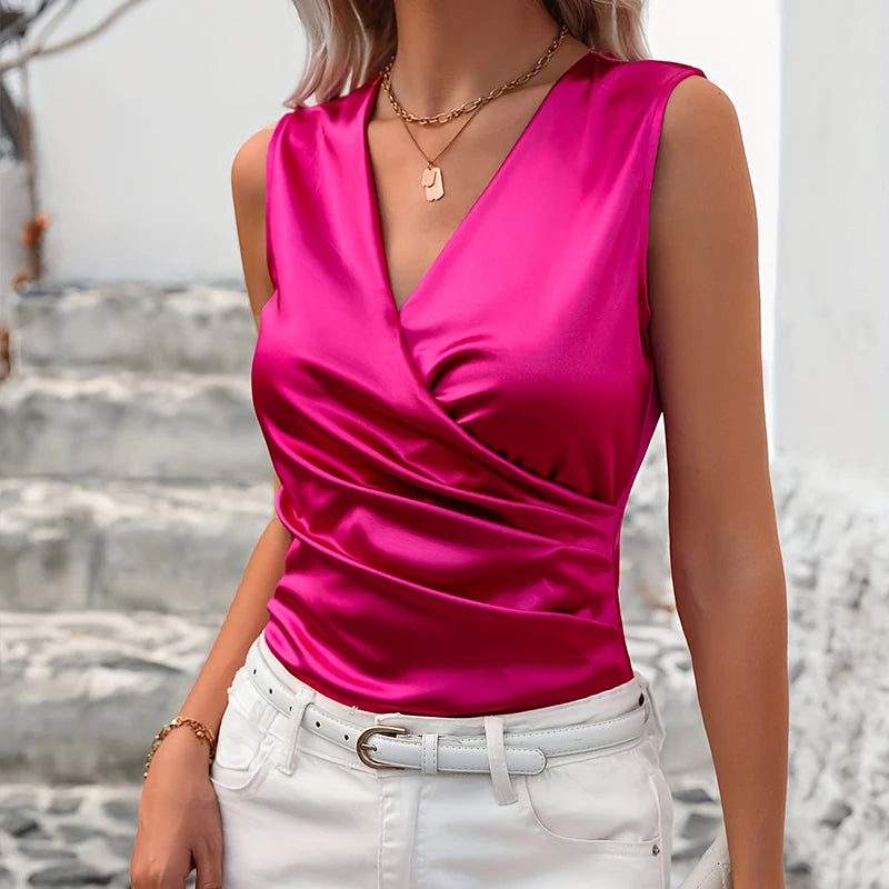 Rose Pink Satin V-Neck Tank Top
