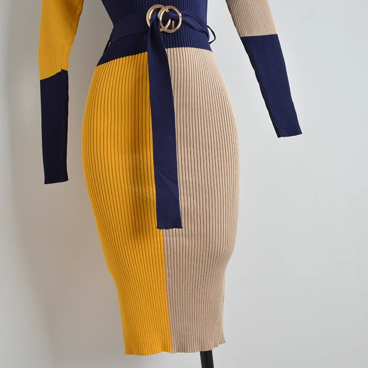 Women's Knitted Color Block Long Sleeve Turtleneck Sweater Dress with Belt