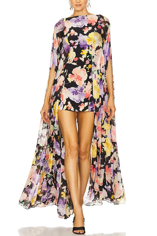 Flower Print Chiffon Big Hem Slim Mini Designer Dress