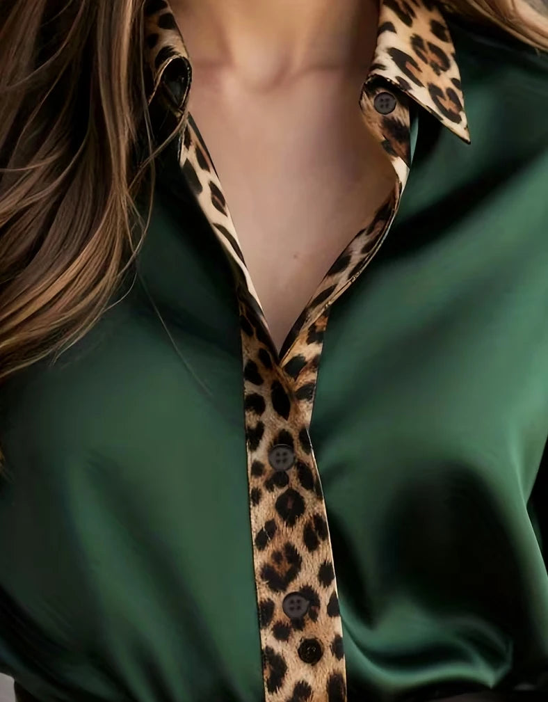 Elegant Long Sleeve Button Down Leopard Print Collar Loose Fit Blouse 