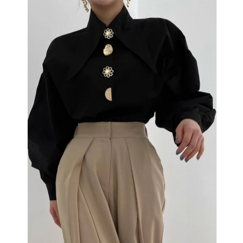 Women's Long Sleeve Pointed Collar Designer Button Down Blouse