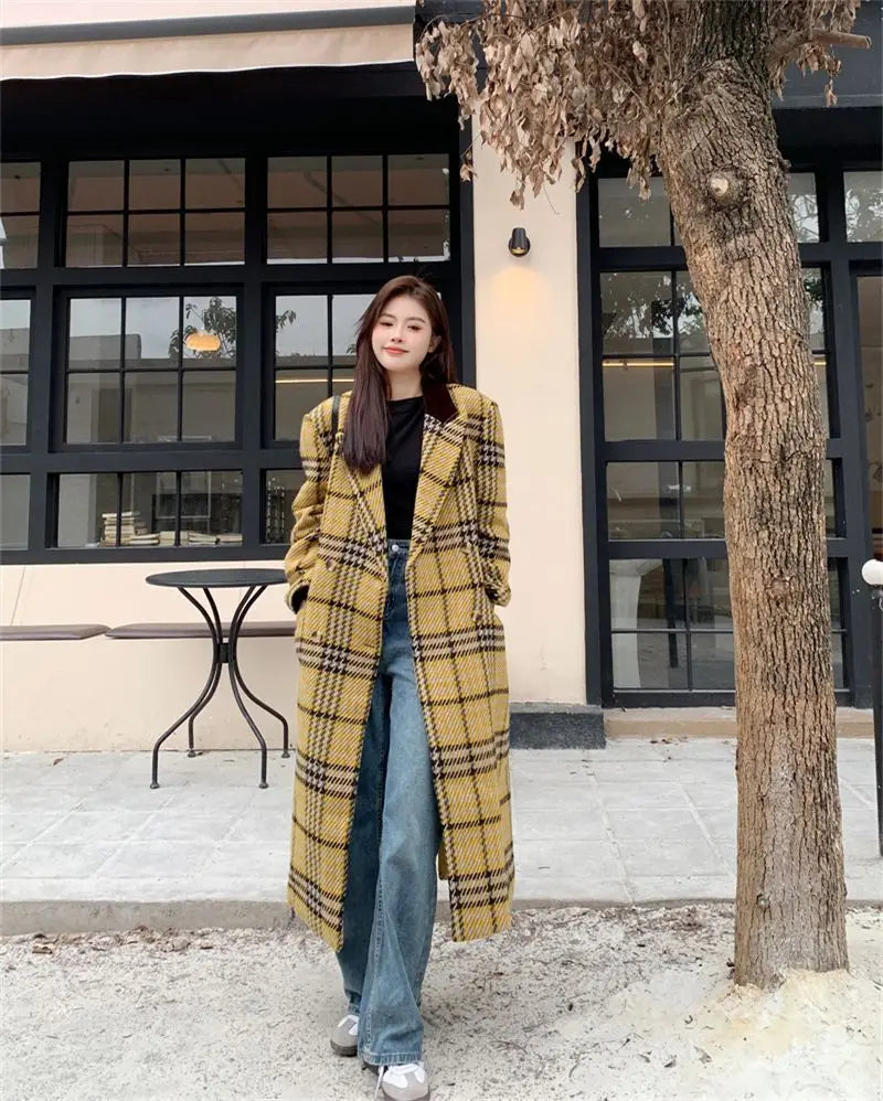Women's Yellow Plaid Print Thick Long Sleeve Winter Overcoat
