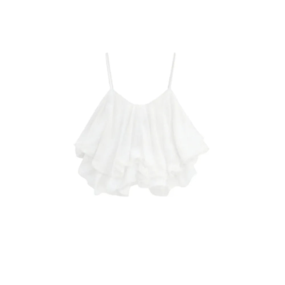 Ruffled Chiffon Spaghetti Strap Flowy Crop Top
