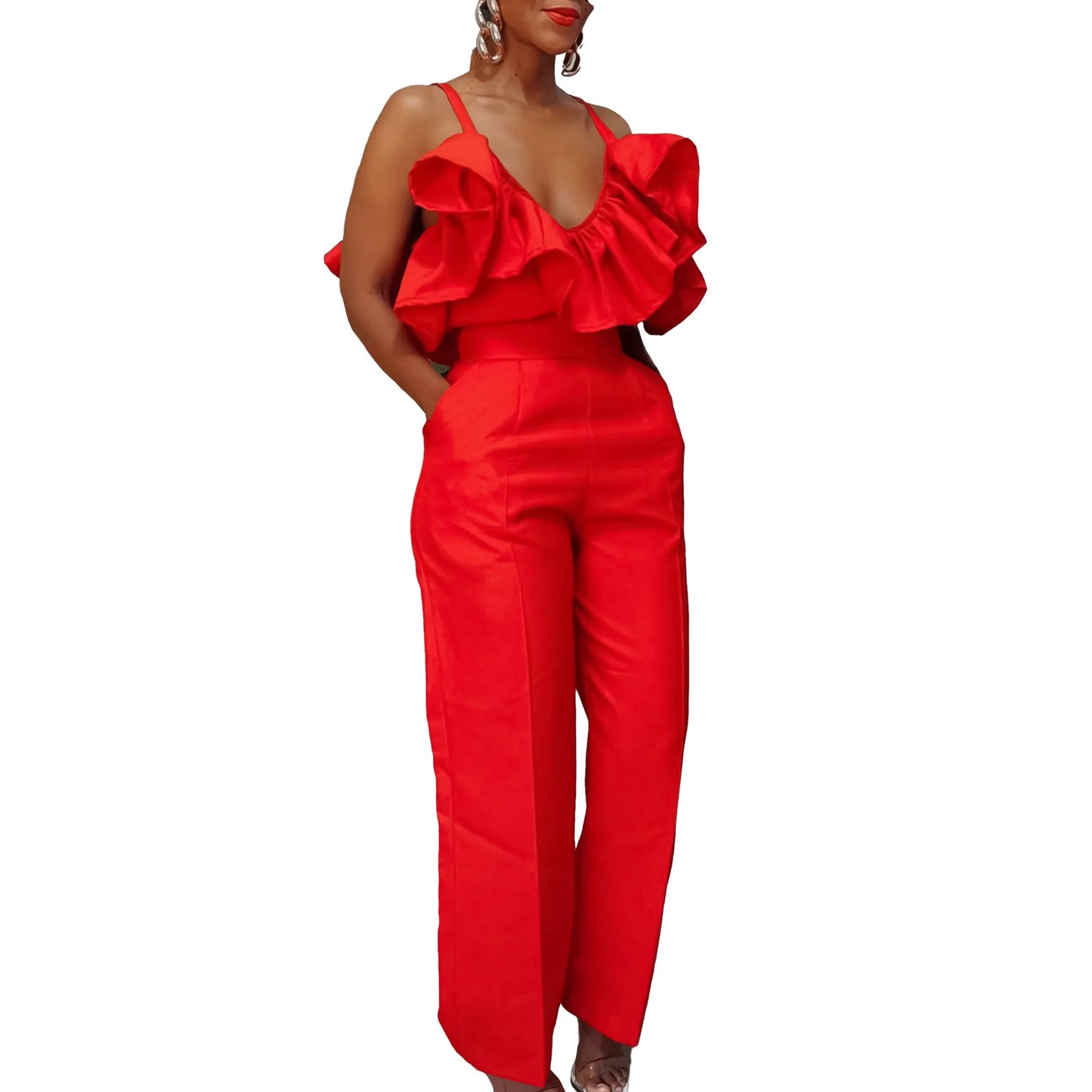 Designer Deep V Neck Ruffles High Waist Pants Jumpsuit