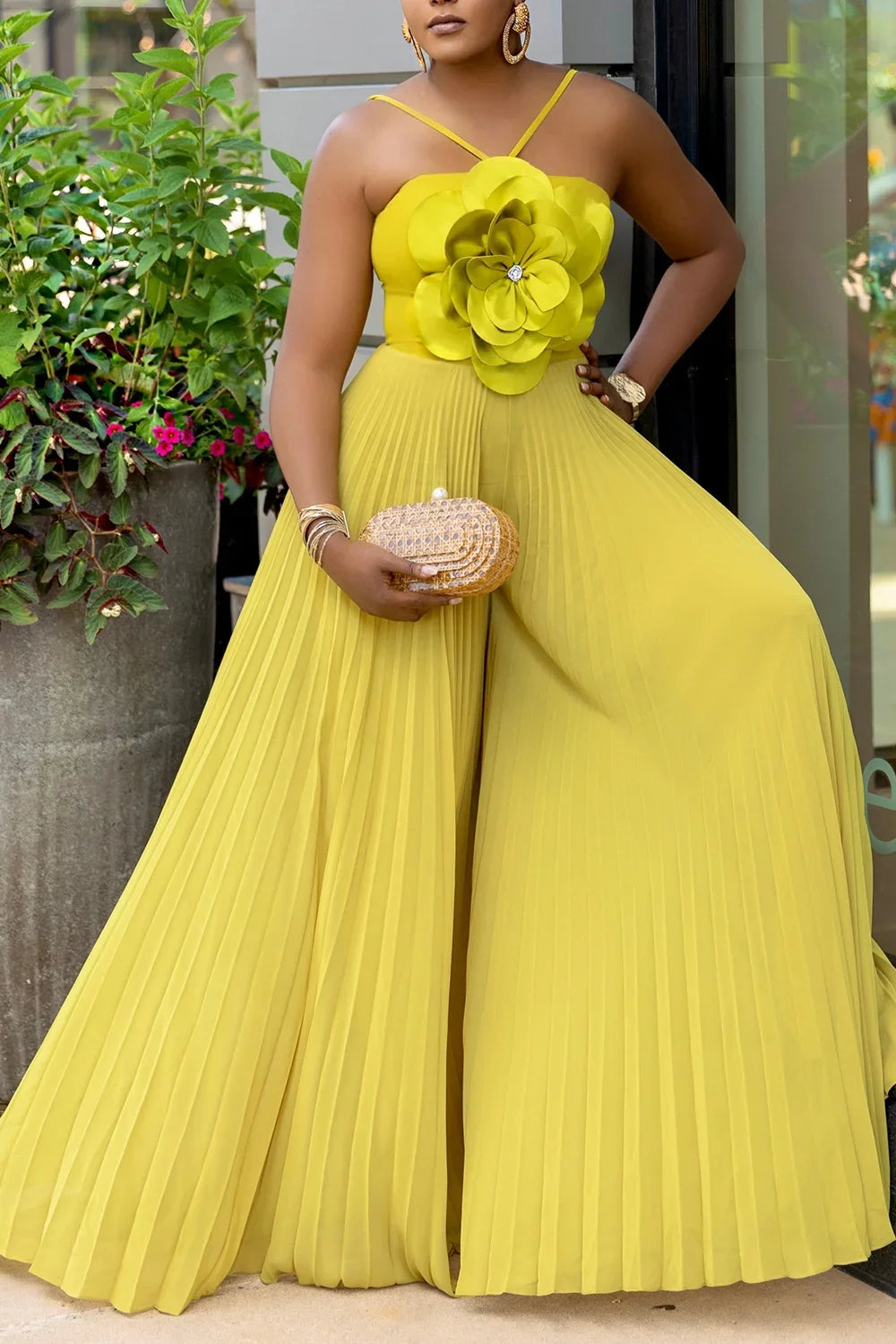 Chiffon Flower Sleeveless Pleated Wide Leg Jumpsuit