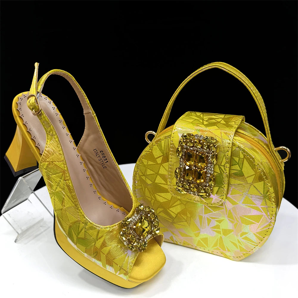 Elegant Women Peep Toe Designer Rhinestone Italian Shoes and Matching Bags