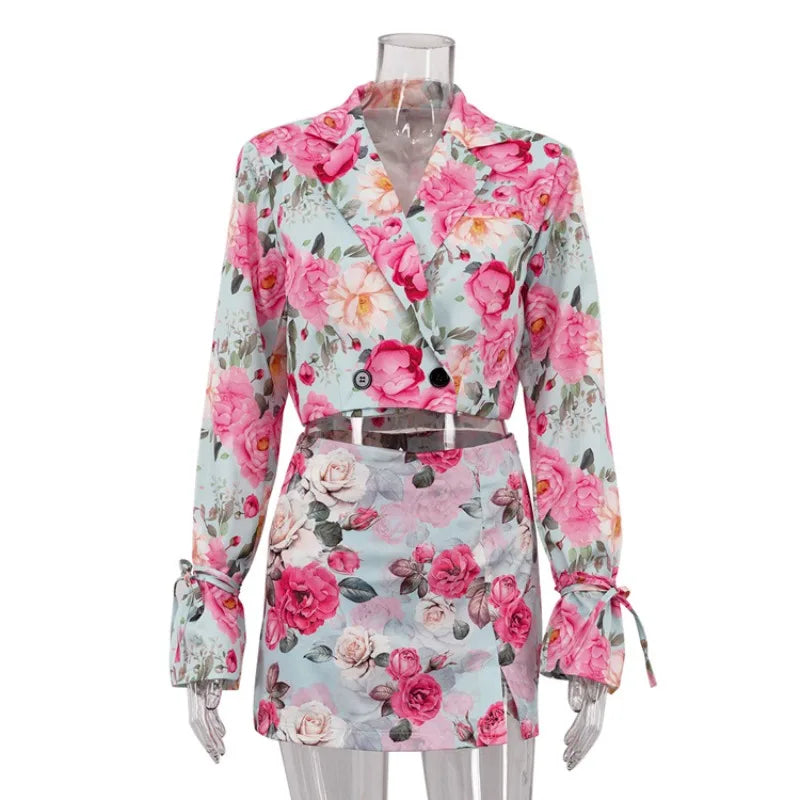 Floral Print Elegant Long Sleeve Lapel Button Crop Top Bodycon Mini Skirt Two Piece Set