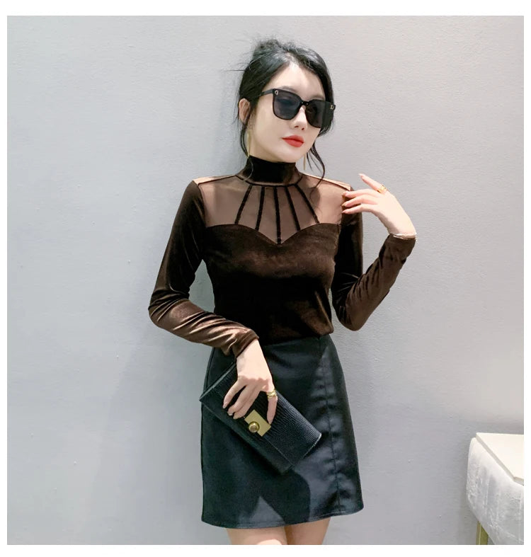 Velvet Mesh Slim T Designer Long Sleeve Turtleneck