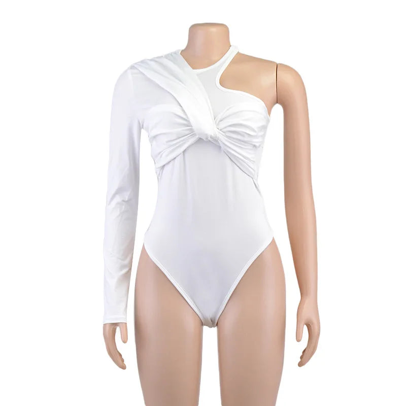 Sexy Pleated One Shoulder Long Sleeve High Waist Slim Backless Twist Bodysuit