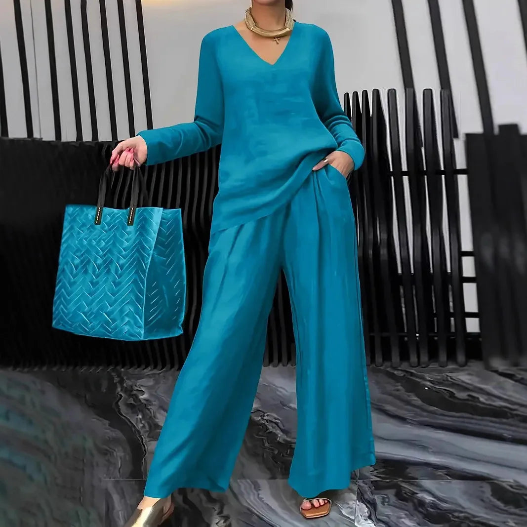 Summer Fashionable V-neck Top+ Long Pants 2 Piece Set