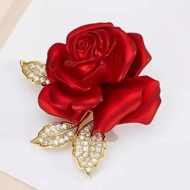 Luxury Rhinestone Red Rose Flower Brooch for Women