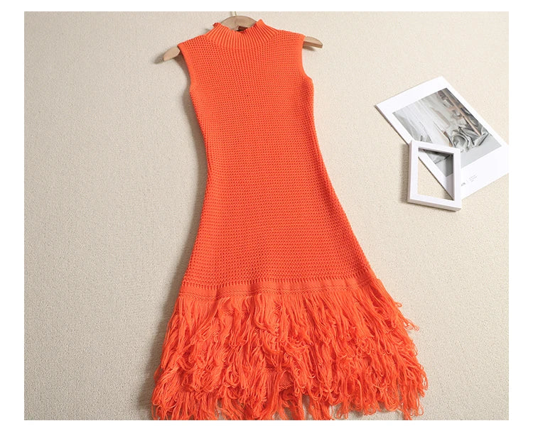 Sleeveless Designer Mini Tassel Knitted Dress