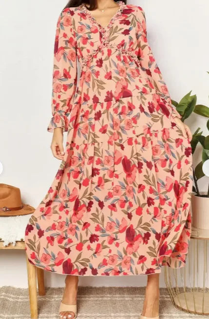 Elegant Floral Print Ruffle Layered Long Sleeved Chiffon A Line Long Maxi Dress