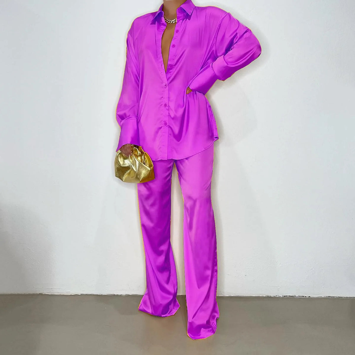 Elegant Satin Women's Long Sleeve Tracksuit And Wide Leg Pants
