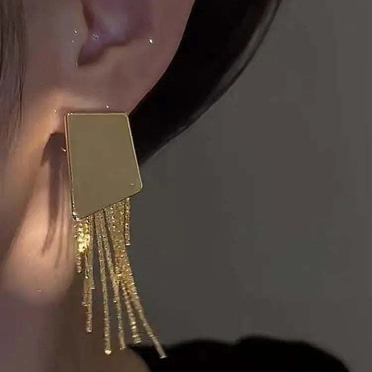Women's Geometric irregular metal square tassel earrings