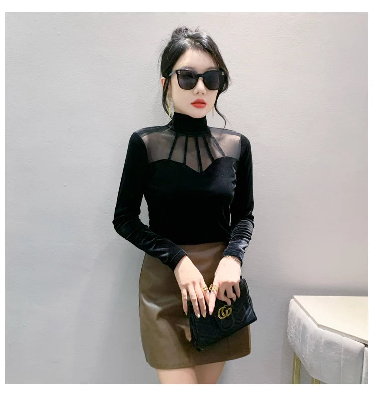 Velvet Mesh Slim T Designer Long Sleeve Turtleneck
