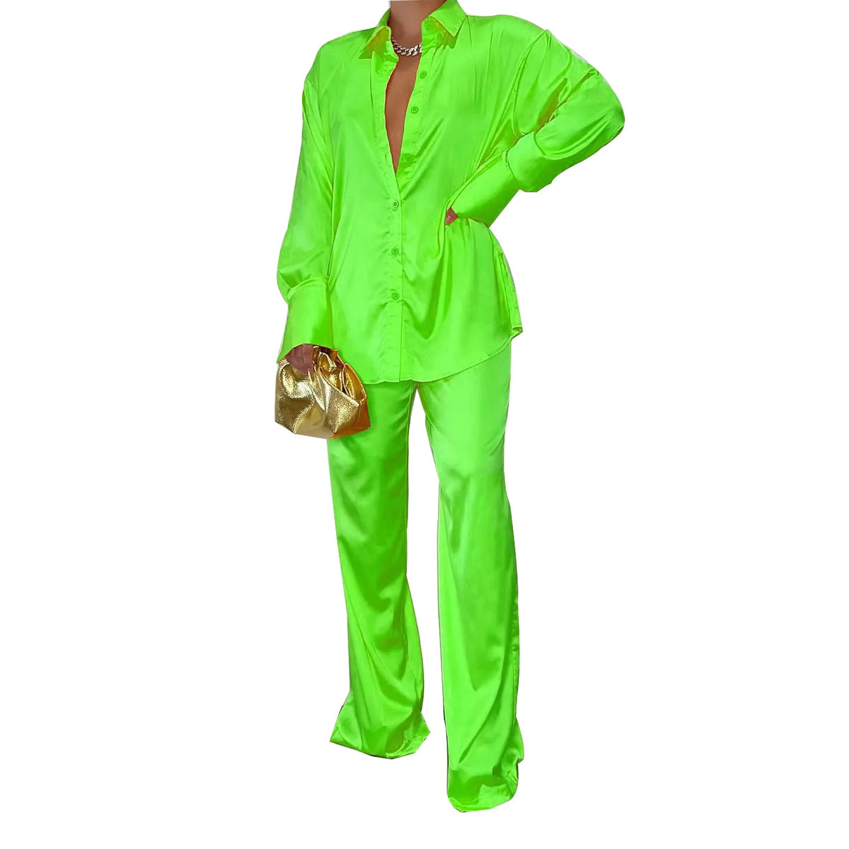 Elegant Satin Women's Long Sleeve Tracksuit And Wide Leg Pants