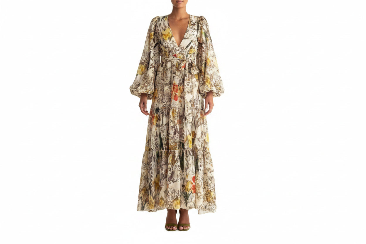 Women's Floral Printed Long-sleeved Chiffon Lace-up Dress