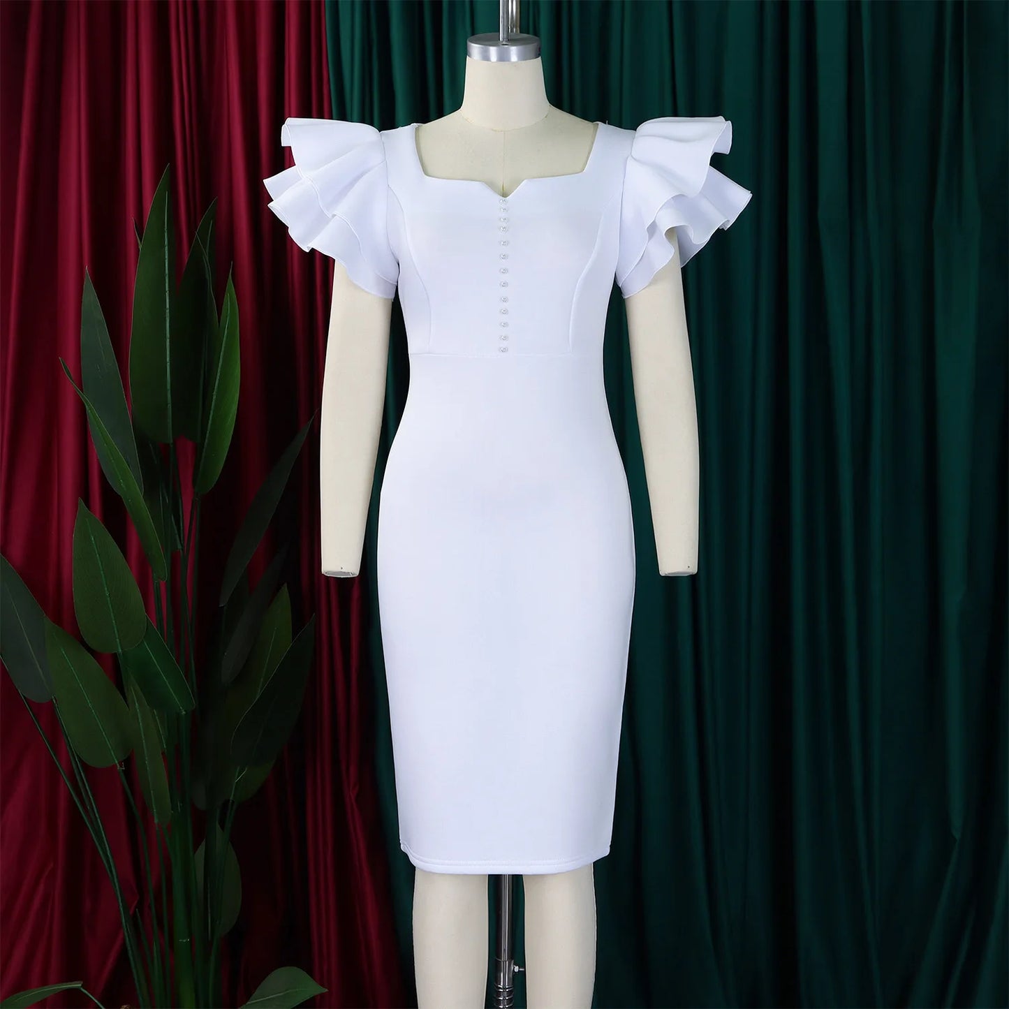 Designer Nail-Beaded Lotus Sleeve A-Line Dress