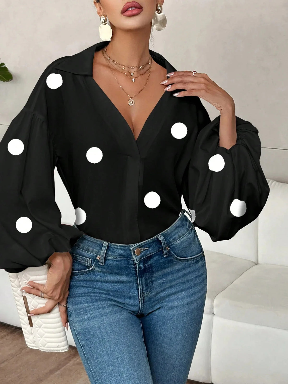 French Polka Dot Print Long Sleeve Casual V-Neck Oversized Blouse