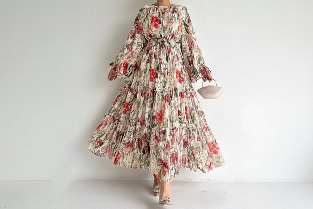 Women's Floral Printed Long-sleeved Chiffon Lace-up Dress