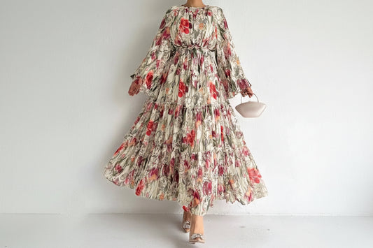 Women's Floral Printed Long-sleeved Chiffon Lace-up Dress