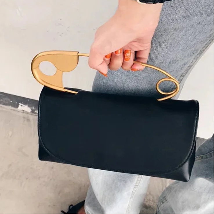 Chic Designer Handbag w/ Decorative Safety Pin Handle