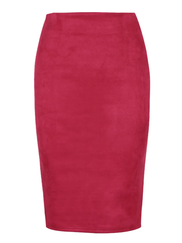 Sexy Multi Color Suede Elastic High Waist BodyCon Midi Pencil Skirt