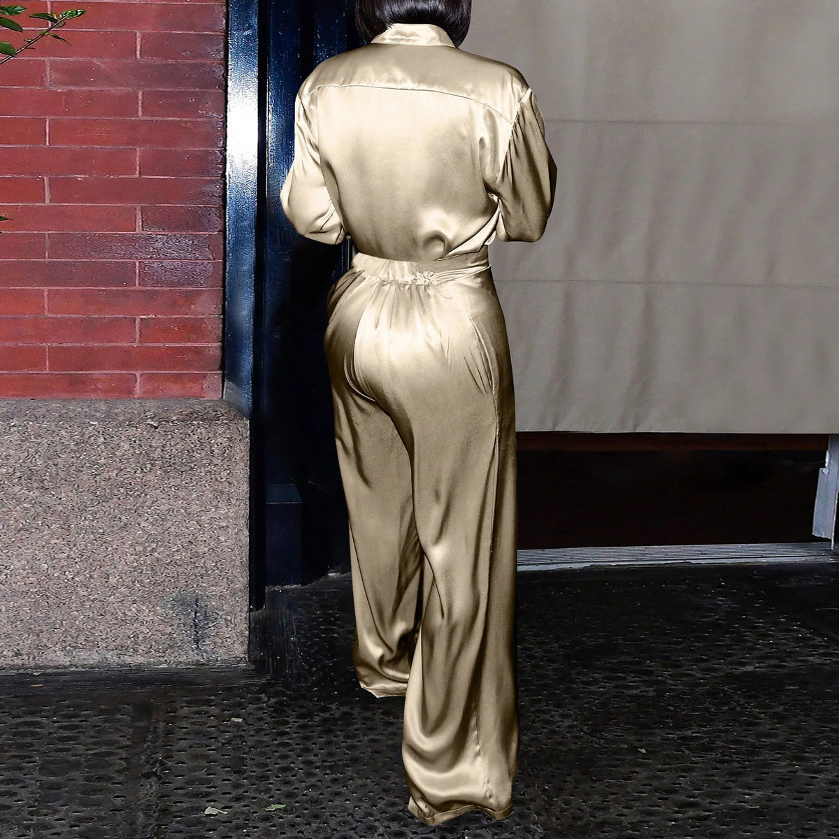 Satin Women's Long Sleeve Blouse and Wide Leg Pant 2 Piece Set