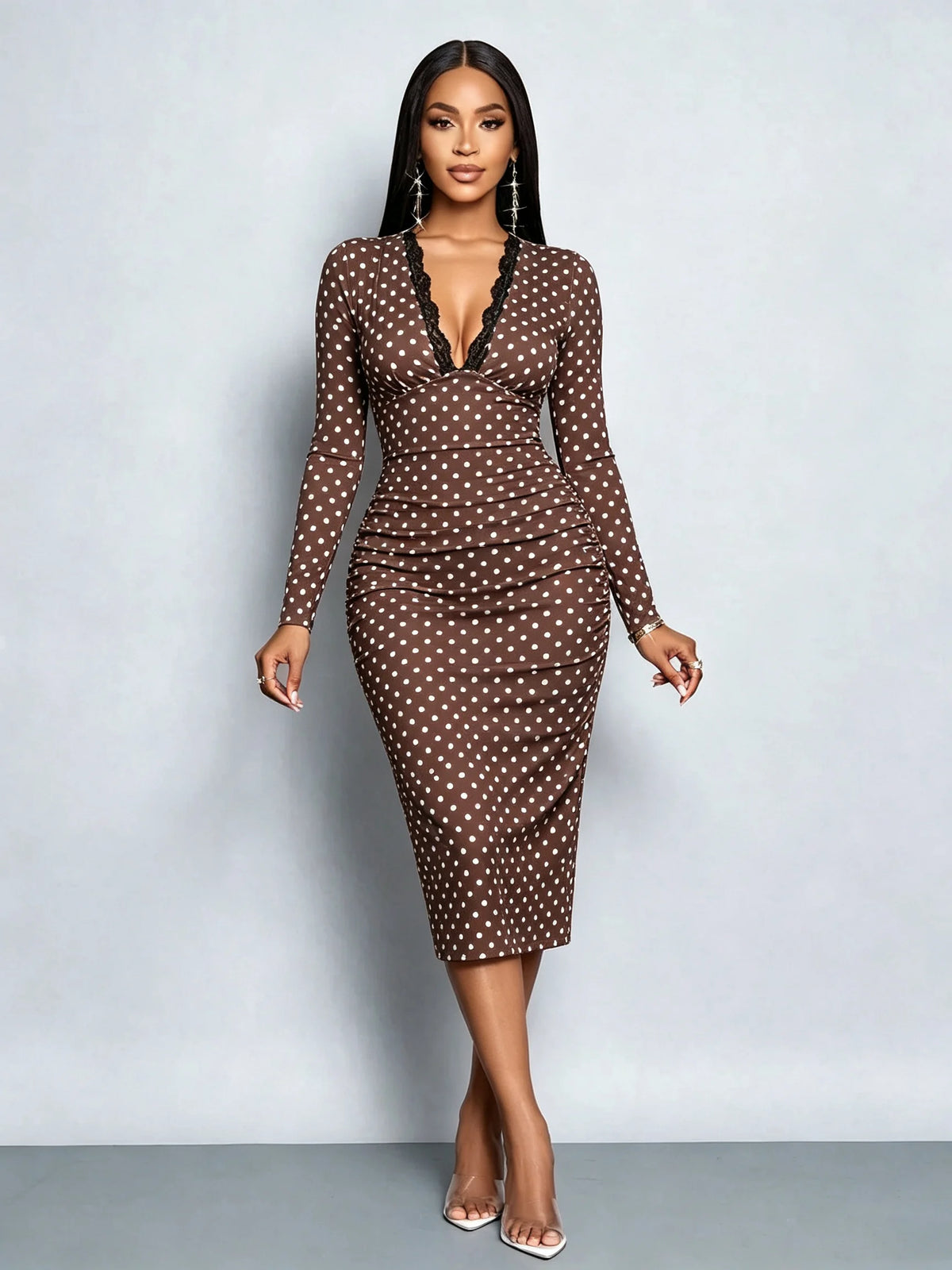 Women's V-neck Lace Border Polka Dot Printed Long Sleeve Mid-Length Dress