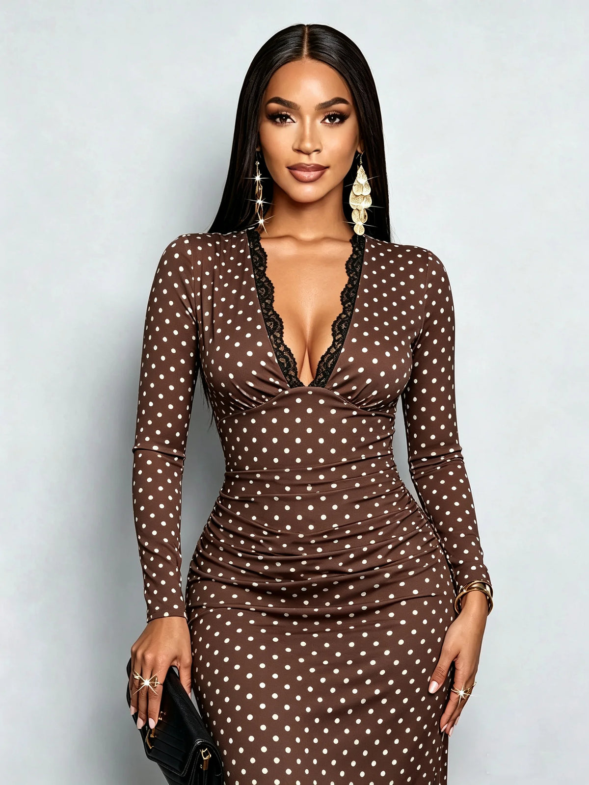Women's V-neck Lace Border Polka Dot Printed Long Sleeve Mid-Length Dress
