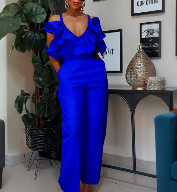 Designer Deep V Neck Ruffles High Waist Pants Jumpsuit