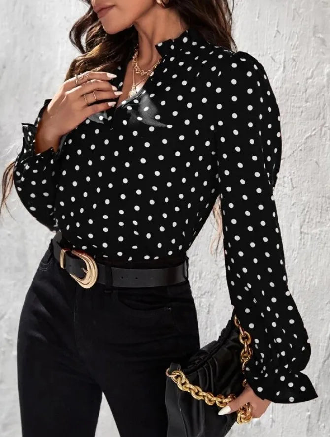 Women's Elegant Professional V-neck Polka Dot Long Sleeved Casual Chiffon Blouse